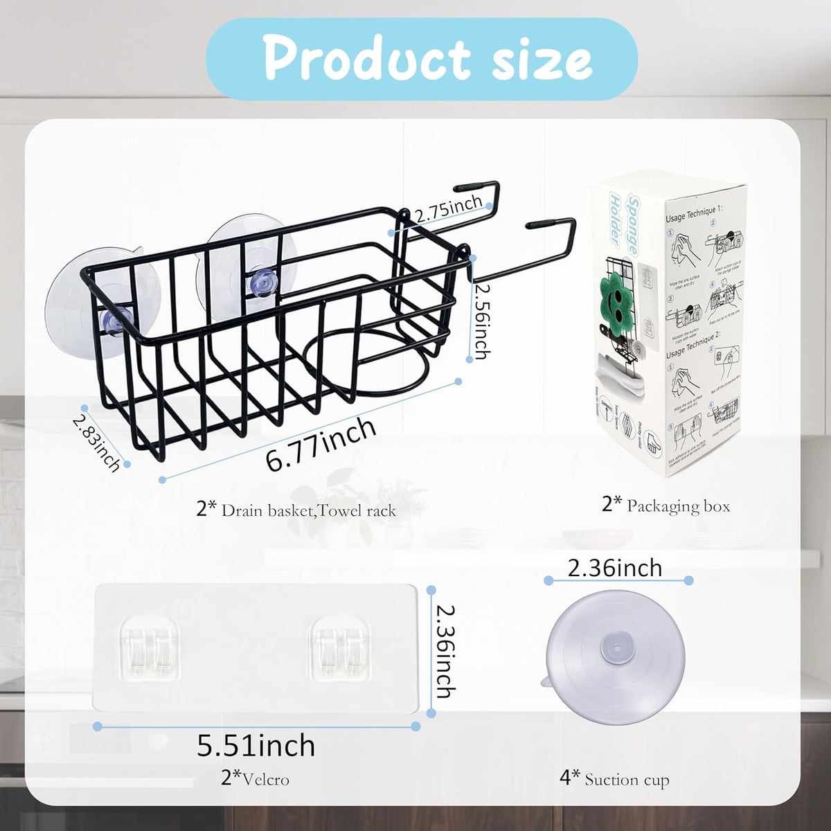 Sponge Holder with Dish Cloth Hanger for Kitchen Sink, in-Sink Caddy Organizer with Suction Cups & Adhesive Strips, Rustproof Sponge Rack for Soap, Brush, Scrubber - Black（2 Pack）