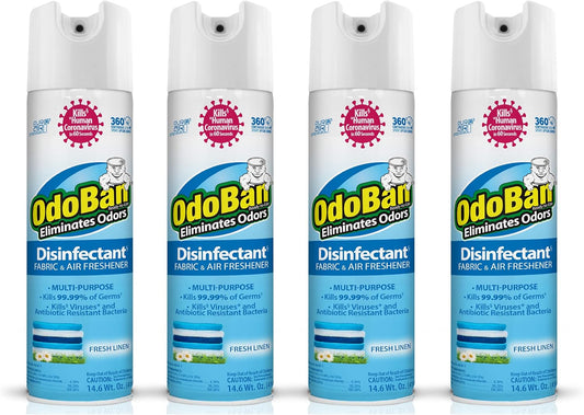 OdoBan Ready-to-Use 360-Degree Continuous Spray Disinfectant and Harsh Aroma Eliminator, Fabric and Air Freshener, 4 Pack, 14.6 Ounces Each, Fresh Linen Scent