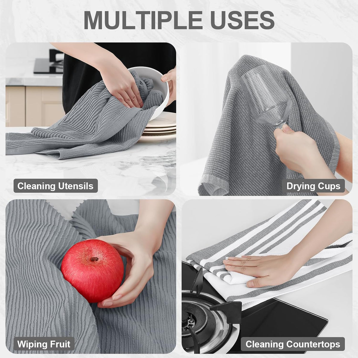 Homaxy Premium Kitchen Towels(18”x 28”, 3 Pack), Large Cotton 380 GSM Kitchen Hand Towels, Soft and Absorbent Terry Dish Towels, Multipurpose Tea Towel Set with Hanging Loop, Grey