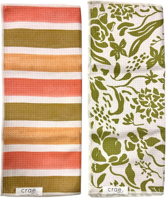 2 Double Sided Microfiber Hand Towels, 17x27 Inches Waffle Design Kitchen Towels Set, Durable & Soft Fast Drying Hand Wash Cloth and Dishcloth for Everyday Use at Home (Pat & Tricky- Green/Cream)