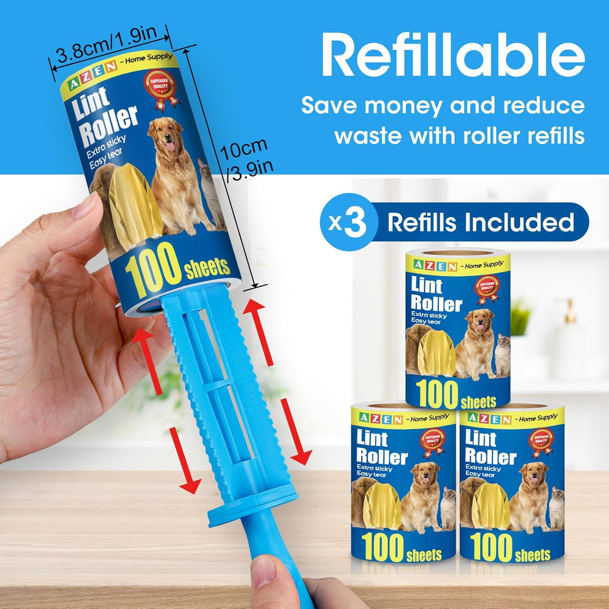 AZEN Lint Roller, Lint Rollers for Pet Hair Extra Sticky, 600 Sheets Lint Roller with 3 Upgraded Handles, 6 Roller Portable Lint Remover for Clothes, Pet Hair Remover, Lint Rollers for Clothes