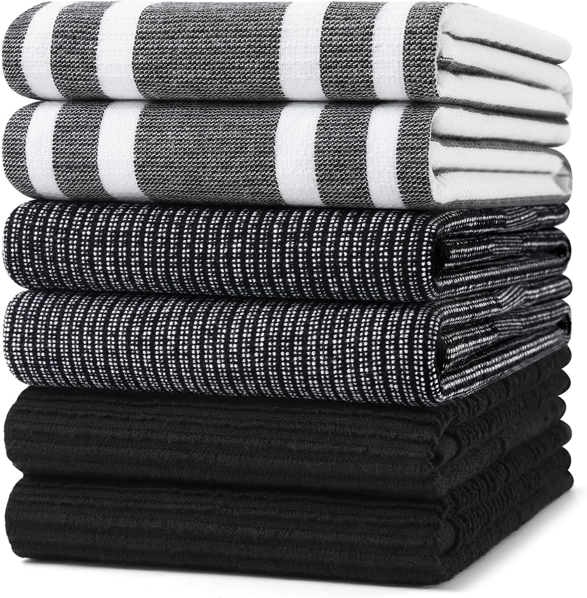 Homaxy Premium Kitchen Towels(18”x 28”, 6 Pack), Large Cotton 380 GSM Kitchen Hand Towels, Soft and Absorbent Terry Dish Towels, Multipurpose Tea Towel Set with Hanging Loop, Black