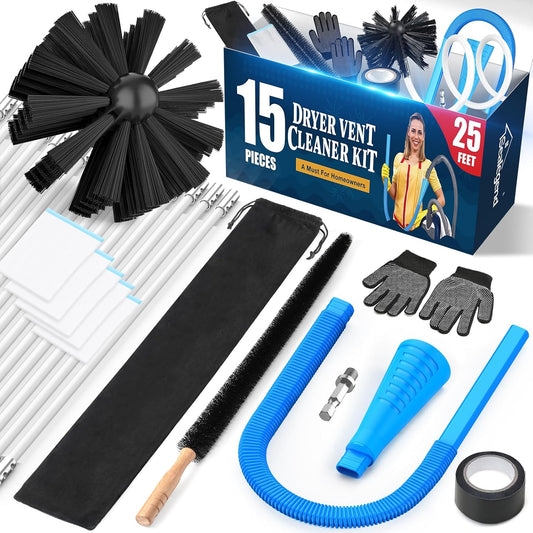 Sealegend 15-Piece 25-Feet Dryer Vent Cleaner Kit, Dryer Cleaning Tools, Omnidirectional Dryer Lint Vacuum Attachment, Dryer Vent Brush, Universal Vacuum & Dryer Adapters (Blue)