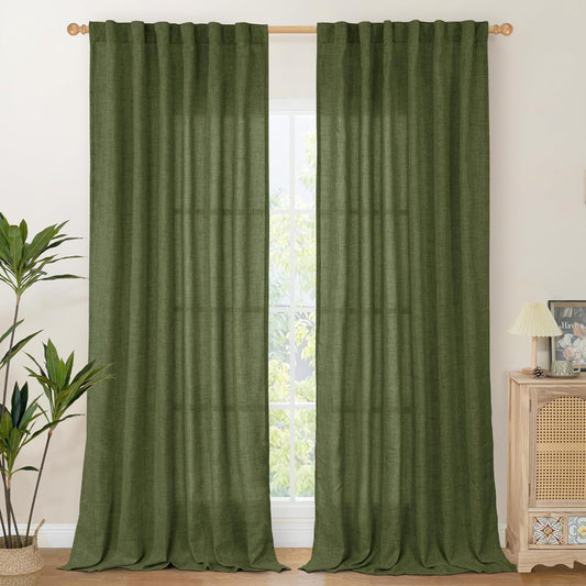 YoungsTex Olive Green Linen Curtains for Living Room 84 Inch Length, Semi Sheer Drapes with Rod Pocket Back Tab Light Filtering Window Treatments for Bedroom Farmhouse, 2 Panels, 52 X 84 Inch