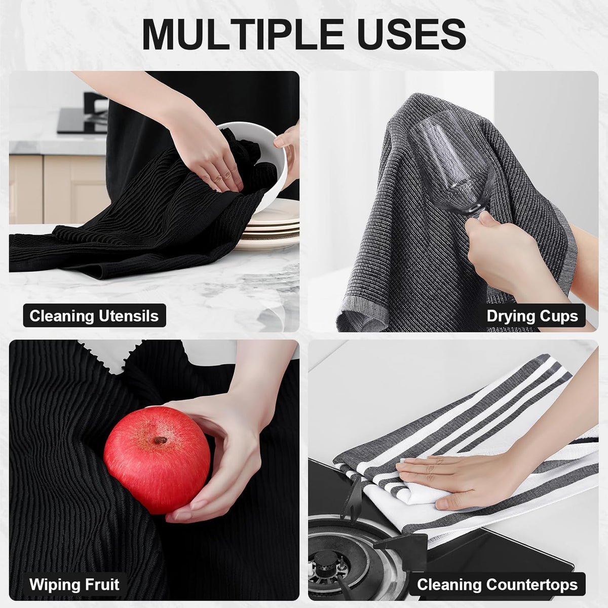 Homaxy Premium Kitchen Towels(18”x 28”, 3 Pack), Large Cotton 380 GSM Kitchen Hand Towels, Soft and Absorbent Terry Dish Towels, Multipurpose Tea Towel Set with Hanging Loop, Black
