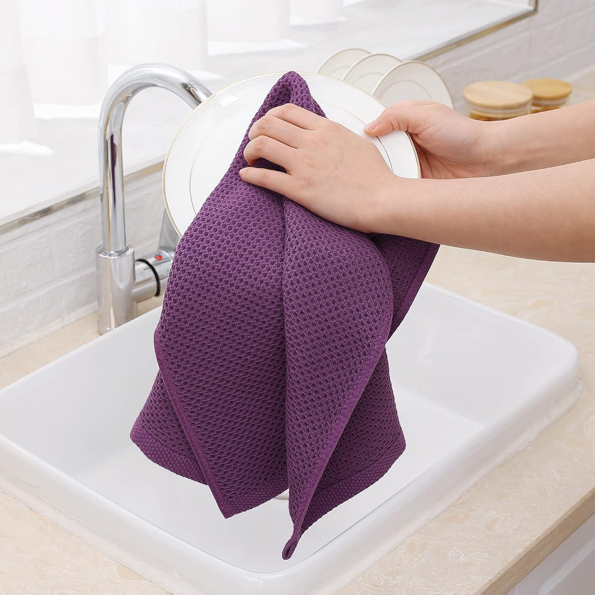 Homaxy 100% Cotton Waffle Weave Kitchen Dish Towels, Ultra Soft Absorbent Quick Drying Cleaning Towel, 13 x 28 Inches, 12-Pack, Purple