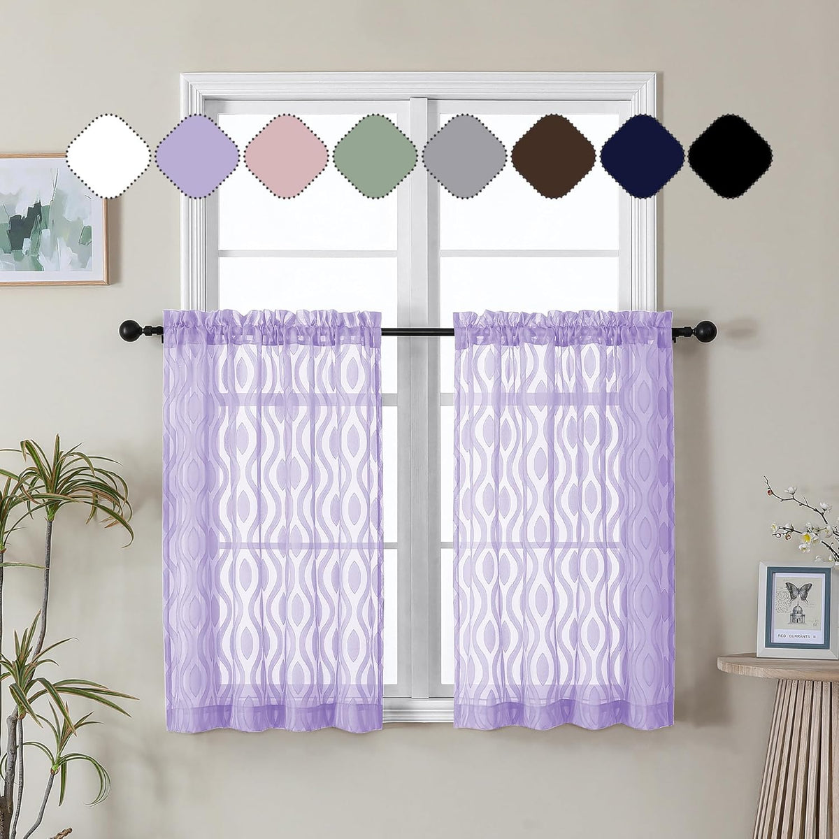 Aiyufeng Lavender Sheer Curtains Tiers 36 Inch Length, Light Filtering Soft Airy Wavy Line Jacquard Textured Short Curtain for Bedroom Bathroom Basement, Dual Rod Pocket, 2 Panels, 40" Wx36 L Inch