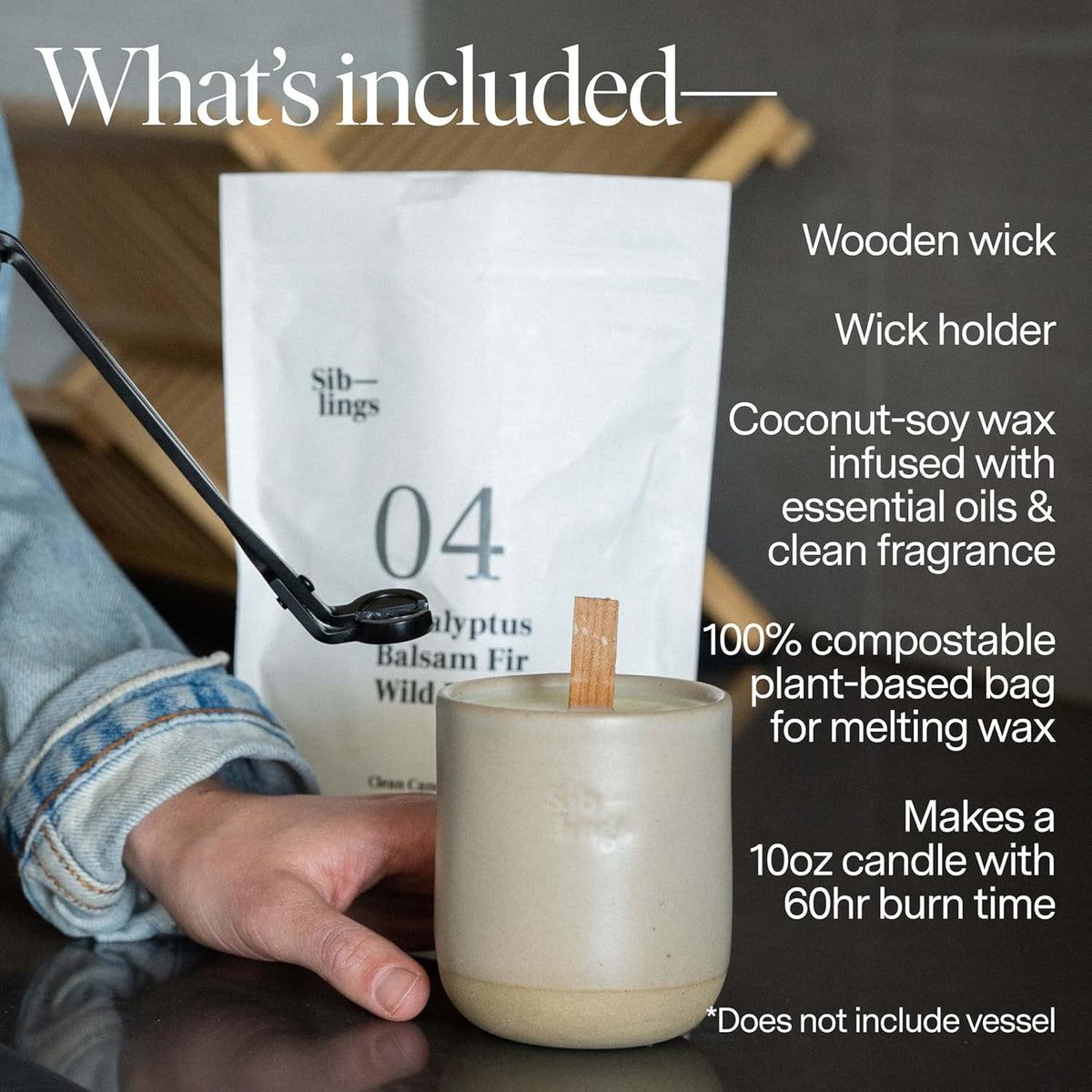 Siblings Candle Making Kit | DIY Coconut-Soy Wax Candle Kit with Wooden Wick | Scent No 04: Eucalyptus, Balsam, Wild Berries | Clean, Non-Toxic, Reusable, 60 Hr Burn