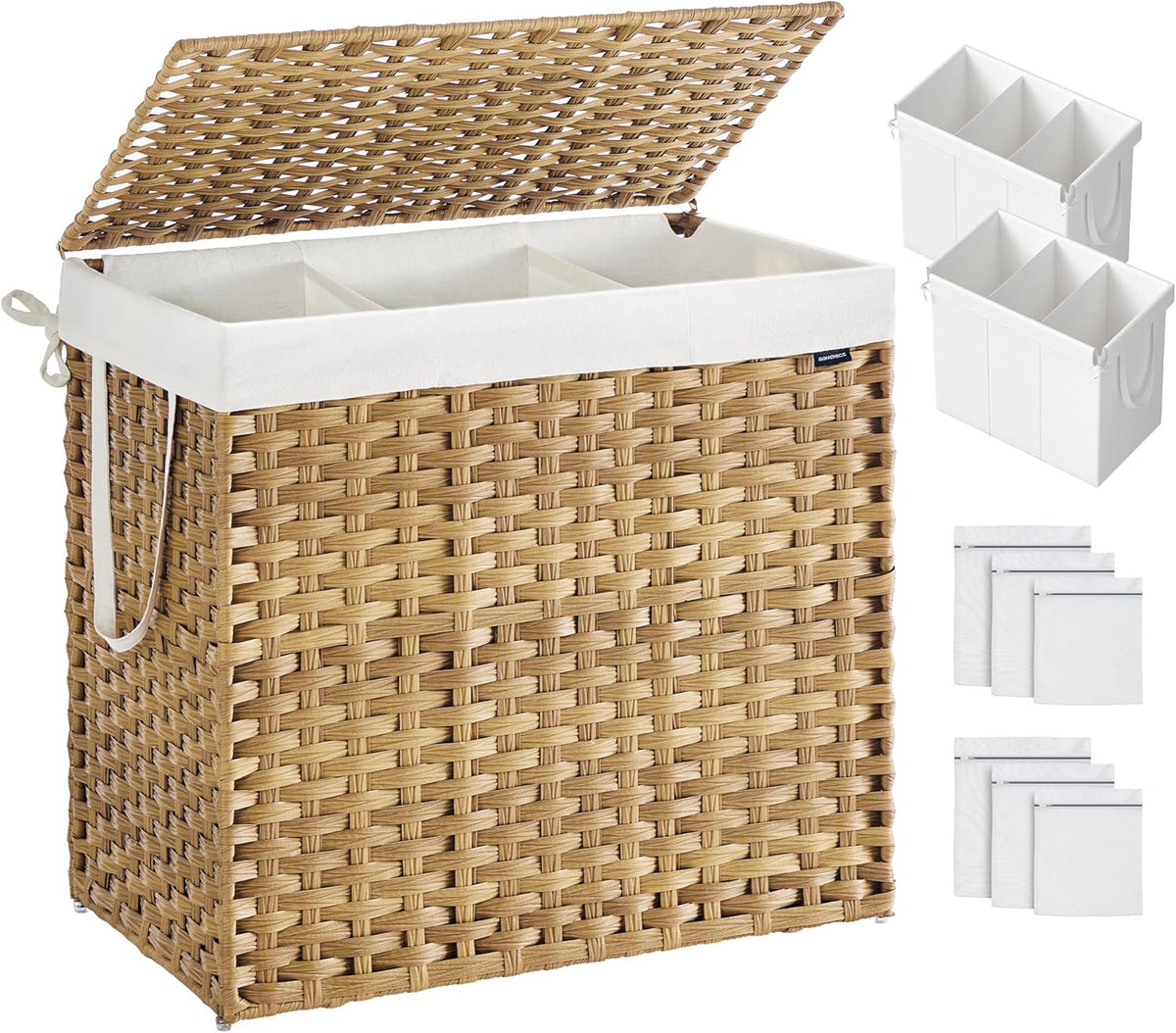 SONGMICS Laundry Hamper with Lid, 160 L Clothes Hamper with 2 Removable Liner Bags, 6 Mesh Bags, Wicker Laundry Basket, Double Laundry Hamper for Bathroom, 26 x 15.7 x 24 Inches, Natural ULCB316Y01