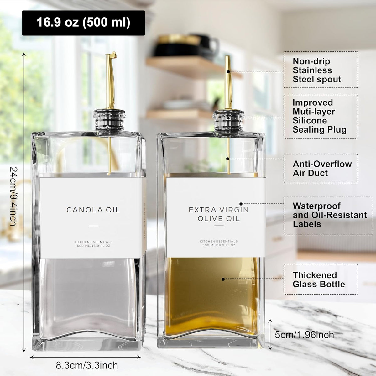 Olive Oil Dispenser for Kitchen, 16.9 oz/ 500 ml Olive Oil Dispenser Bottle, Glass Oil Bottles for Kitchen with 8 Stainless Steel Pourers, 40 Labels, 4 Pcs, Gold