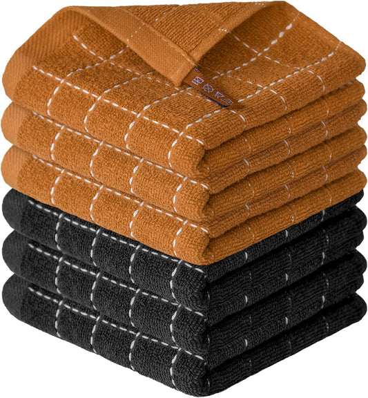 Artoid Mode Checkered Designed Cotton Black Caramel Terry Kitchen Dish Cloths, 12x12 Inch Soft Absorbent Quick Drying Cleaning Kitchen Rags Set of 6