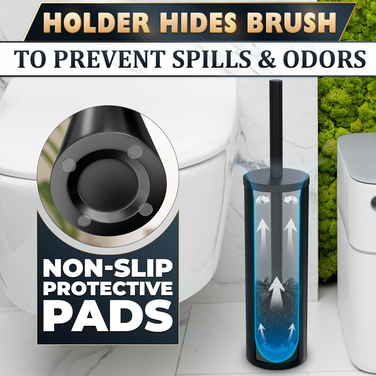 Black Toilet Brush and Holder Set - Scratch Resistant Black Toilet Bowl Brush and Holder with Soft Bristles Replaceable Head, Protection from Splashes, and Compact Design - for Effective Cleaning
