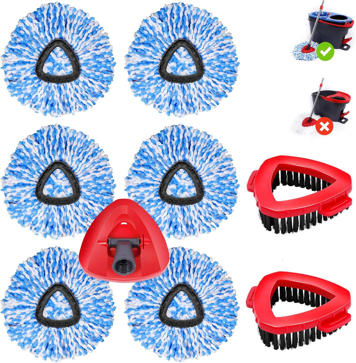 6 Pack Mop Replacement Heads Compatible with Oceda RinseClean 2-Tank System - Includes 2 Mop Scrub Brush Head, Microfiber Mop Refills, Easy Cleaning Mop Head Replacement
