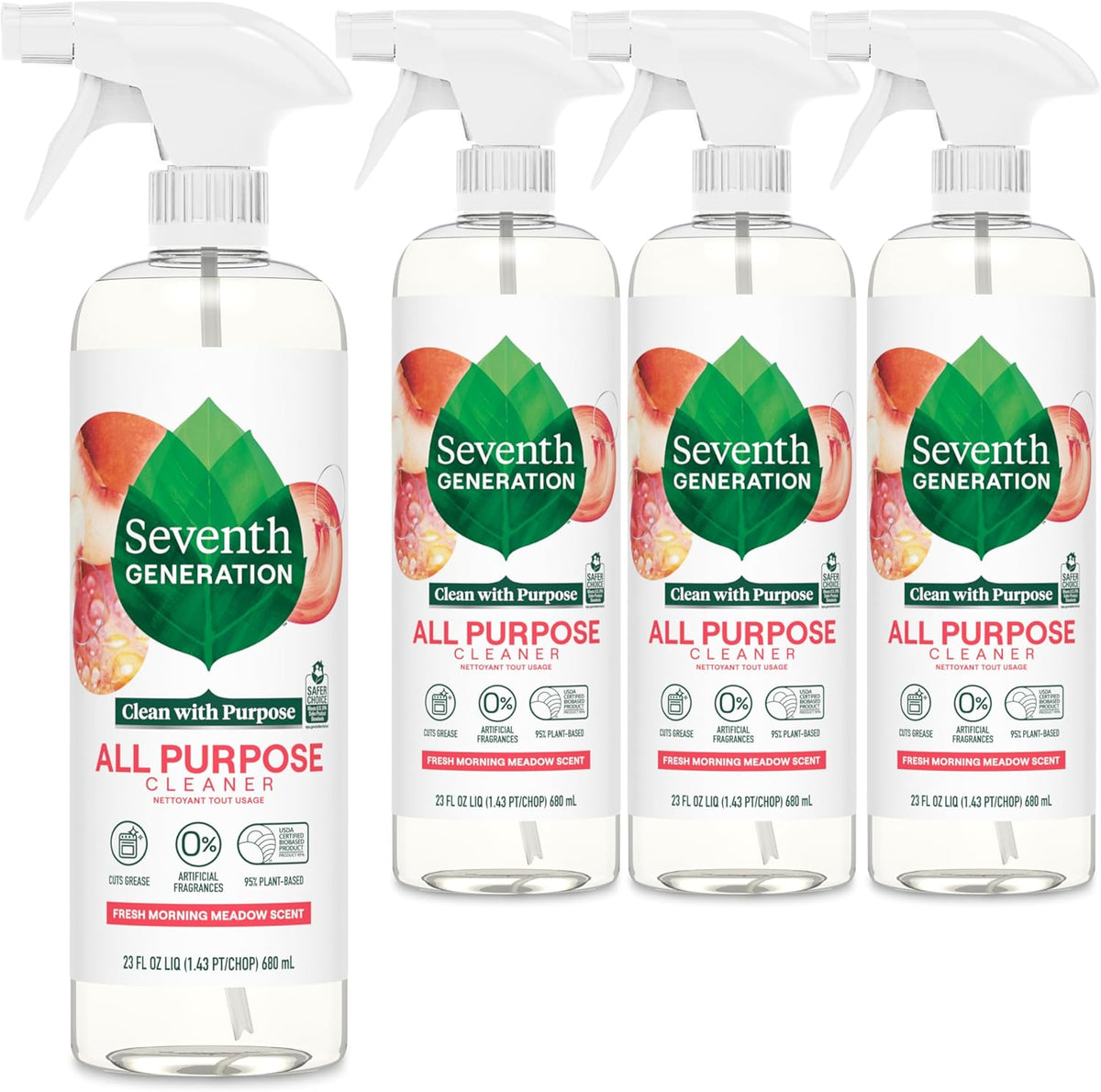 Seventh Generation All Purpose Cleaner, Degreasing Formula, Fresh Morning Meadow Scent, 23 oz (Pack of 4)