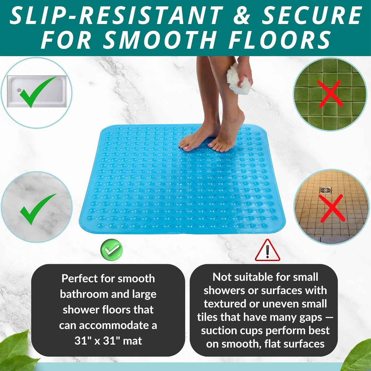 ENKOSI Extra Large Square Non Slip Shower Mat - 31 x 31-inch XL Bathroom Shower Mat - Square Shower Matts for Shower Stall Floors | Secure Suction Cups and Drain Holes (31x31 Clear Blue)
