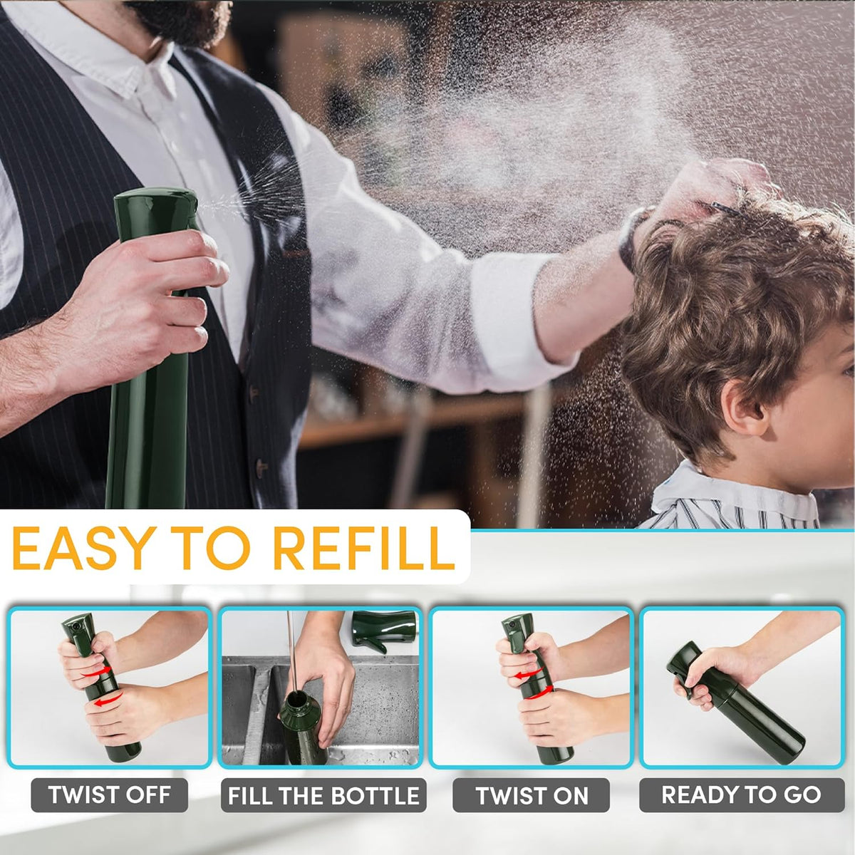 Hula Home Continuous Spray Bottle for Hair (10.1oz/300ml) Empty Ultra Fine Plastic Water Mist Sprayer – For Hairstyling, Cleaning, Salons, Plants, Essential Oil Scents & More - Green
