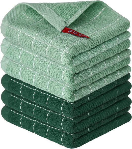 Artoid Mode Checkered Designed Cotton Dark Green Terry Kitchen Dish Cloths, 12x12 Inch Soft Absorbent Quick Drying Cleaning Kitchen Rags Set of 6