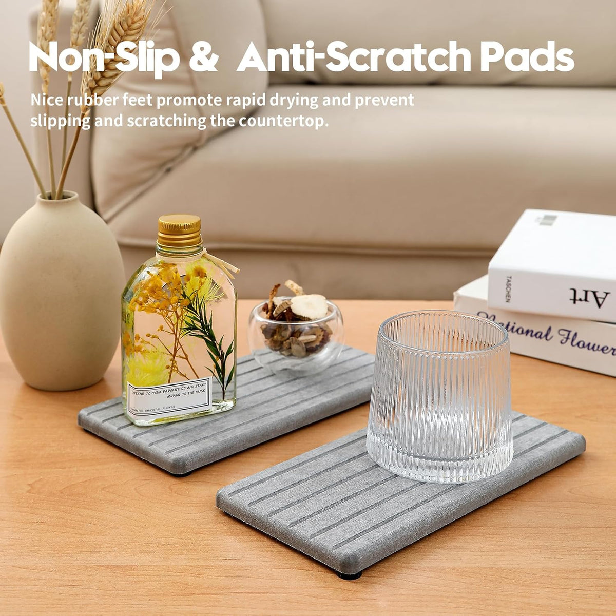 2PCS Instant Dry Diatomite Stone Counter Makeup Tray Organizer, Fast Drying Caddy Kitchen Sponge Holder Mat, Bathroom Vanity Toothbrush Bottle Dispenser Soap Dish Rack, Light Gray, 8"x 3.8"