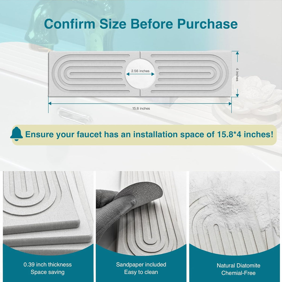 Bar Soap Holder, Diatomite Quick Drying Tray, Kitchen Drying Mat, Faucet Splash Guard for Bathroom Counter, Faucet Mat, Bathroom Tray, Drying Mat, Bathroom Decor (WHITE, 15.8 * 4")