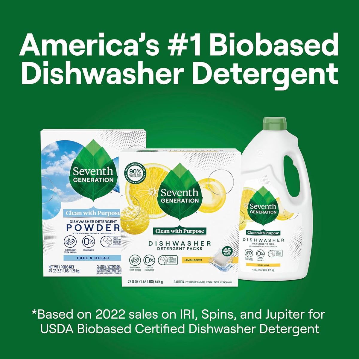 Seventh Generation Dishwasher Detergent Packs Lemon scent 2 Pack for sparkling dishes Dishwasher tabs 45 count