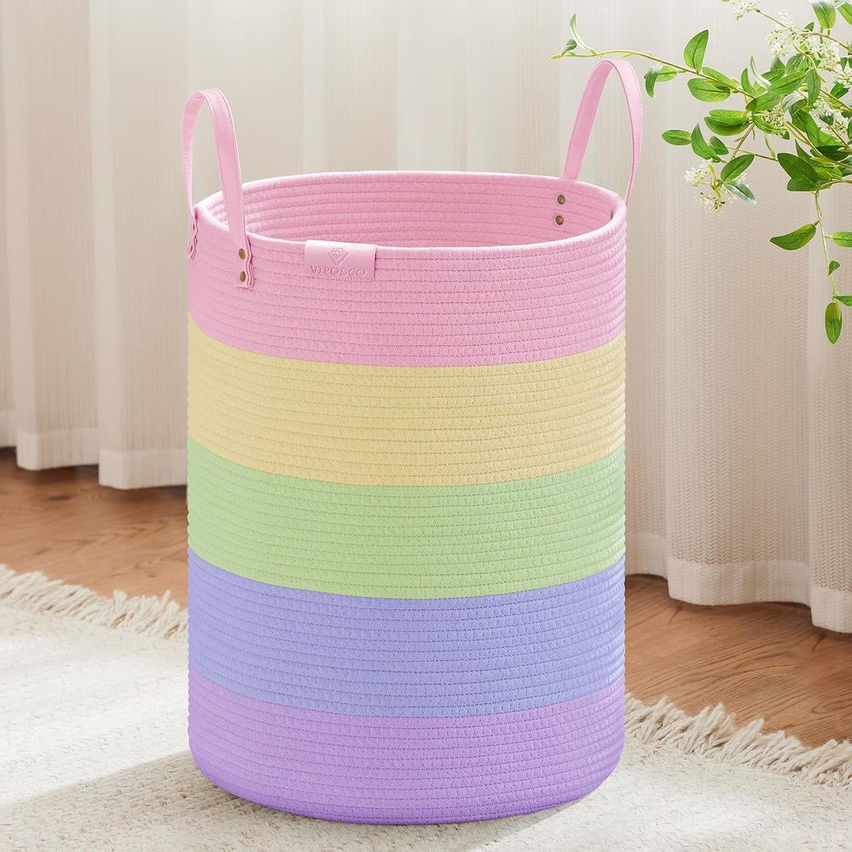 VIPOSCO Tall Laundry Basket, Large Dirty Clothes Hamper with Leather Handle, Woven Rope Storage Basket for Blanket, Toy In Living Room, Bathroom, Bedroom - 72L Rainbow