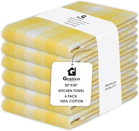 Kitchen Towels Set of 6 Yellow/White Checks 20x30 Inches 100% Cotton Highly Absorbent Kitchen Towels Premium Quality Ultra Soft Mitered Corners