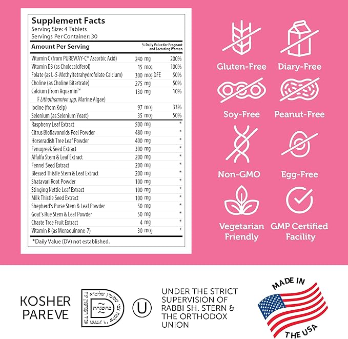 Zahler Postnatal Vitamins for Women - Breastfeeding Supplements for Moms - Lactation Supplement Support with Milk Thistle, Fenugreek, Raspberry Leaf - Non-GMO Kosher Postpartum Vitamins (120 Tablets)