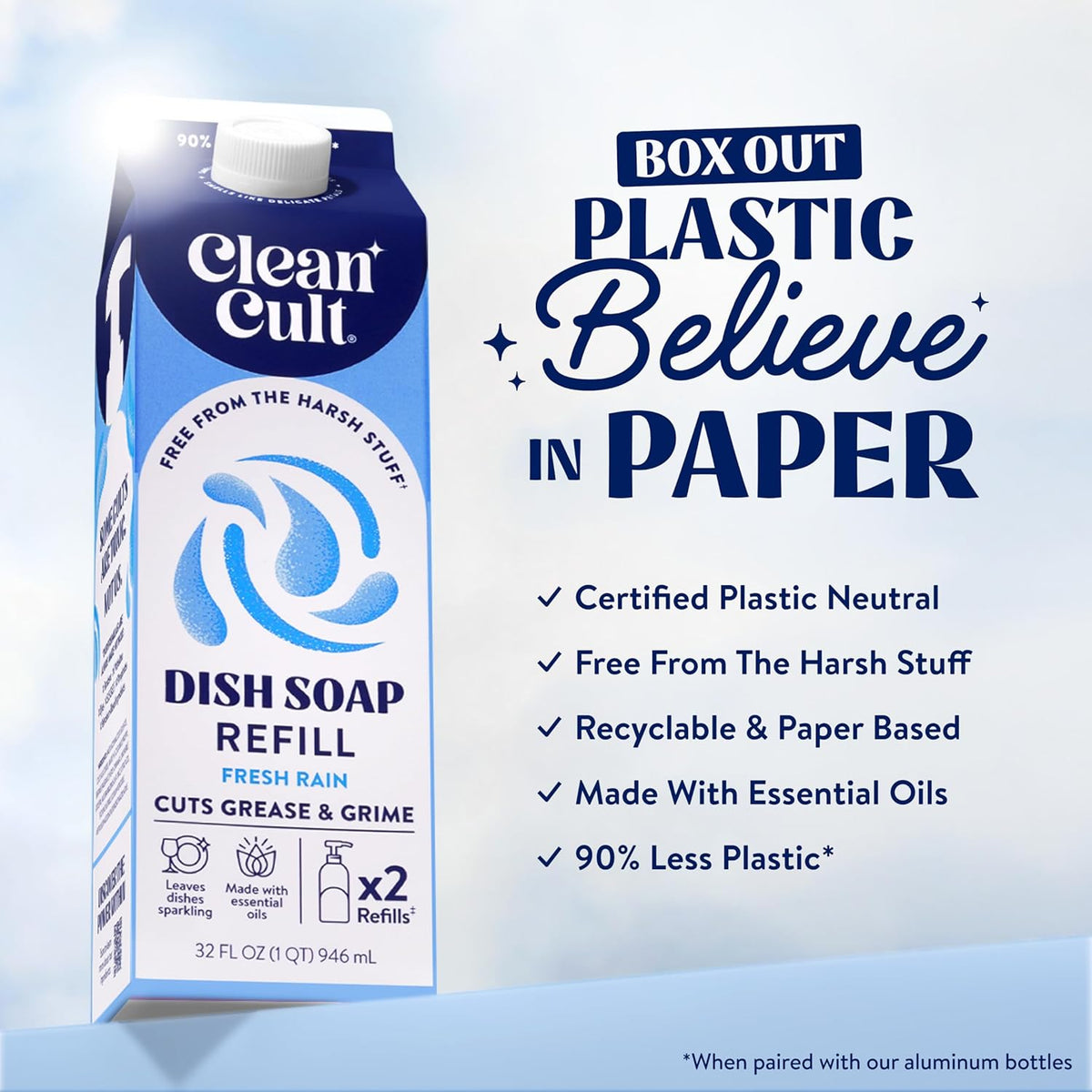 Cleancult Dish Soap Liquid Refill (32oz, 1 Pack) - Plant Based Cleaning Power - Dish Soap that Cuts Grease & Grime - Free of Harsh Chemicals - Uses 90% Less Plastic - Fresh Rain