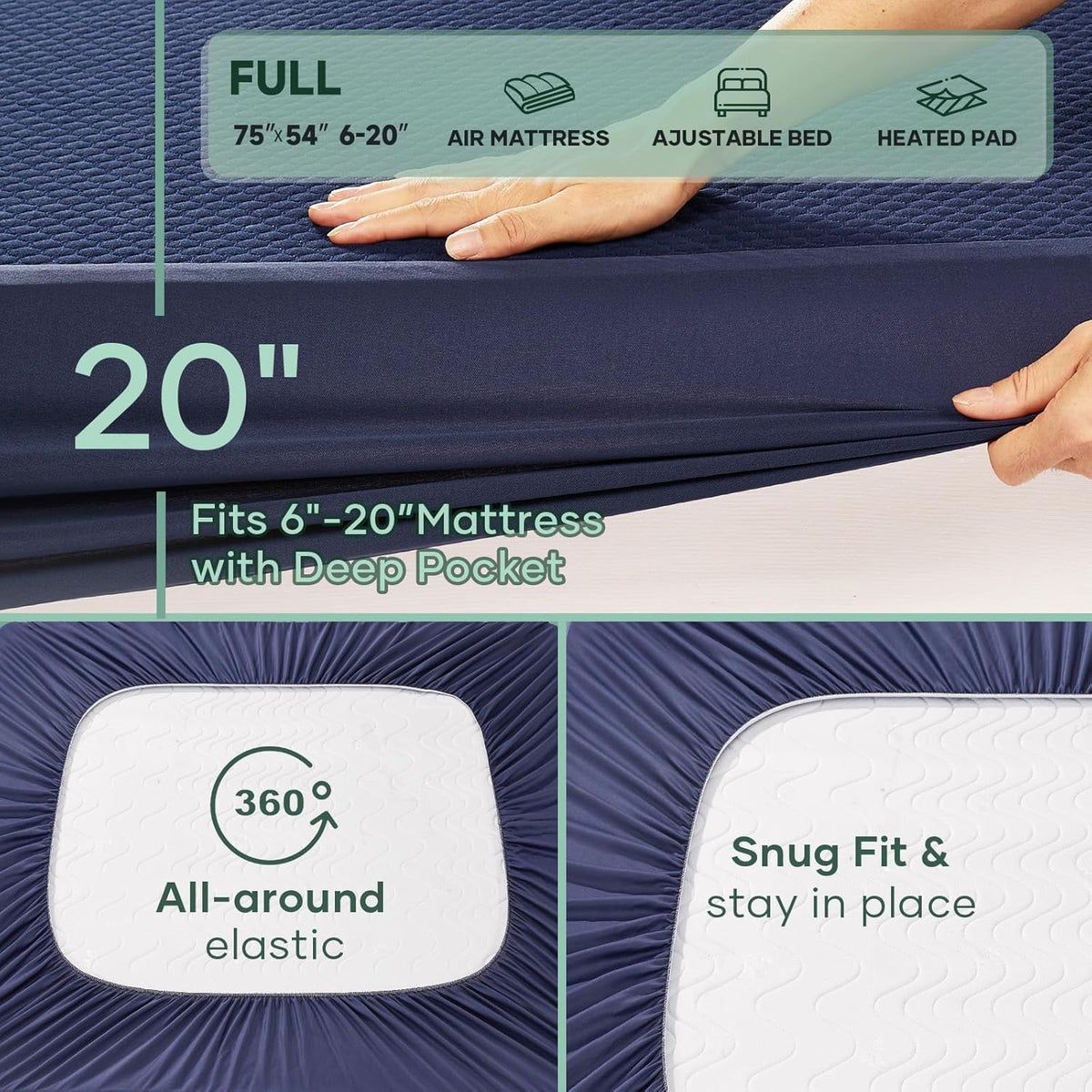 OhGeni 100% Waterproof Mattress Protector, Queen Size Mattress Pad, Fits 6"-20" Mattresses with Deep Pocket, Cooling, Breathable Fitted Sheets, Soft Bed Cover, Noiseless, Machine Washable(Navy Blue)