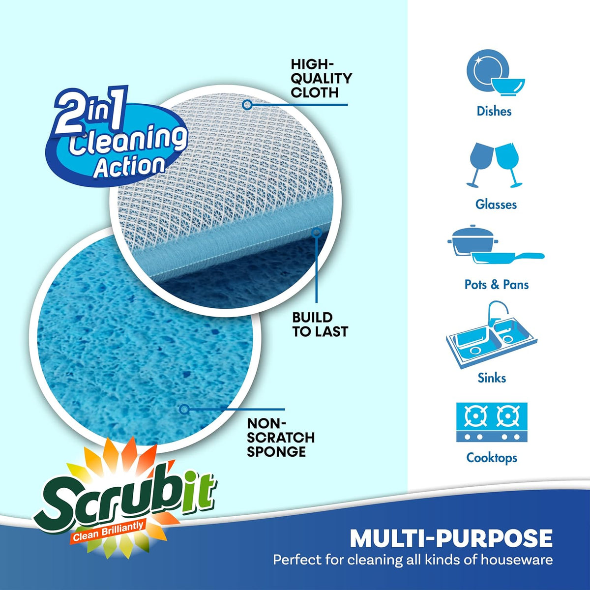 Scrub and Wipe Cleaning Sponges [10 Pack] – SCRUBIT Dual Sided Scouring Pad and Sponge - Reusable Kitchen Scrubbing Sponges for Dishes, Pots, Pans Utensils & Non-Stick Cookware (Blue)