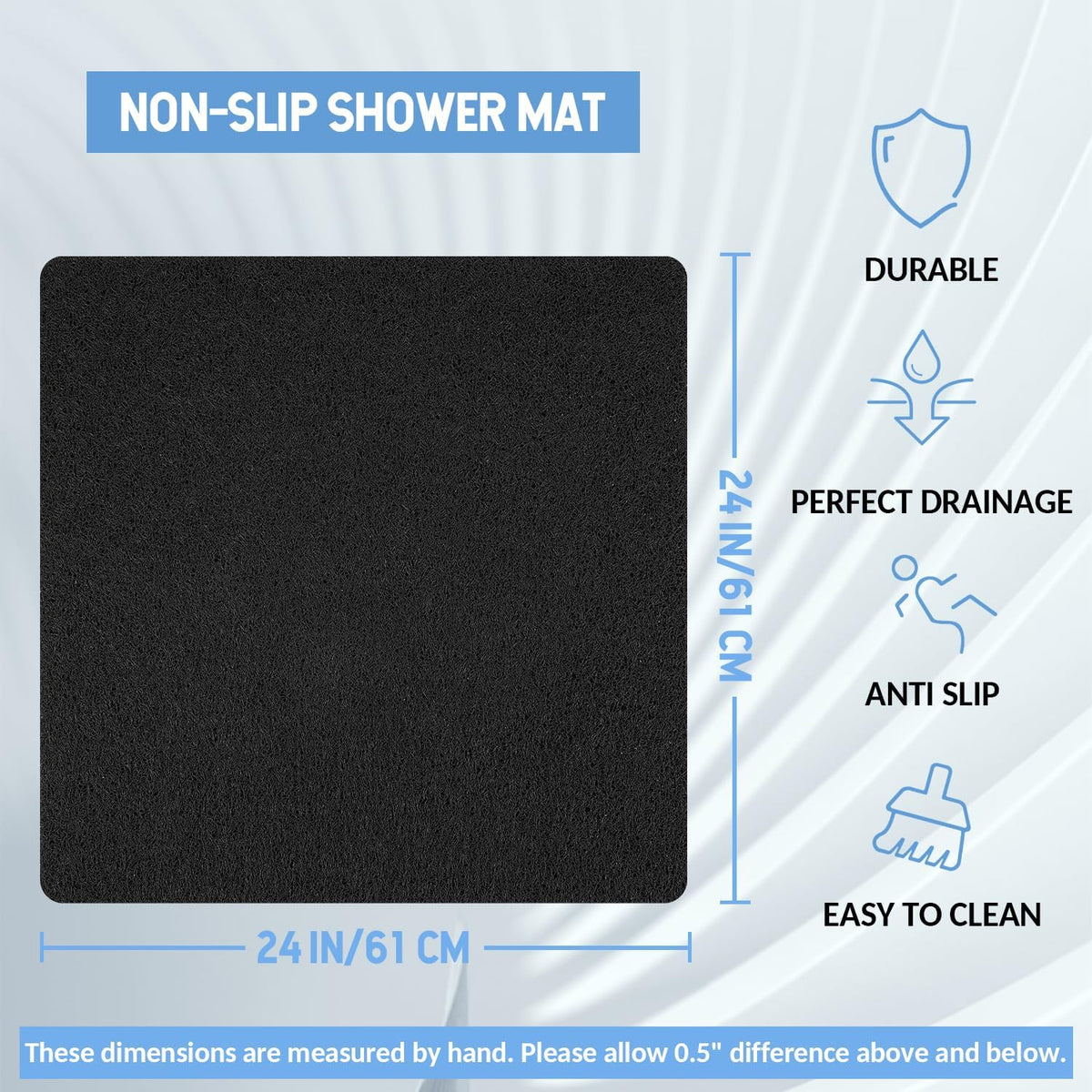 Non-Slip Bathtub Mat, Anti Slip Shower Mat, Fast Drying Bathtub Mats, Foot Scrubber Mat, Anti Slip Mat for Tub, Floor, Bathroom, Kitchen, Home, Hotel (Black 24"×24")