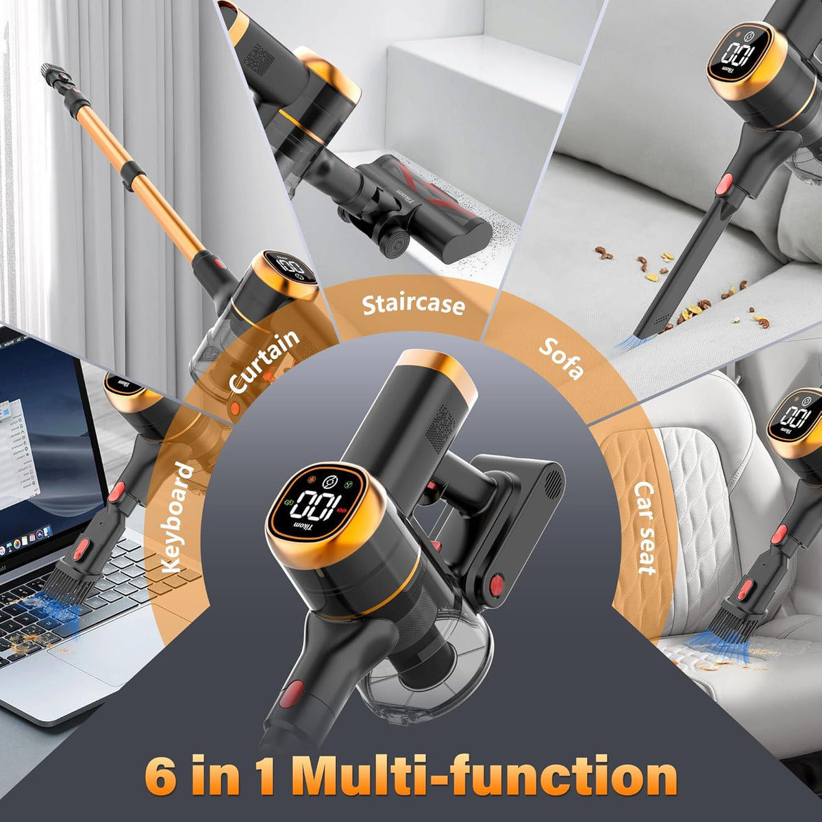 Tikom V500 Cordless Vacuum Cleaner for Home, 40000Pa/450W Stick Vacuum with LED Touch Screen, Charging Wall Dock, Anti-Tangle, Lightweight Handheld Vacuum for Pet Hair, Hard Floor, Carpet
