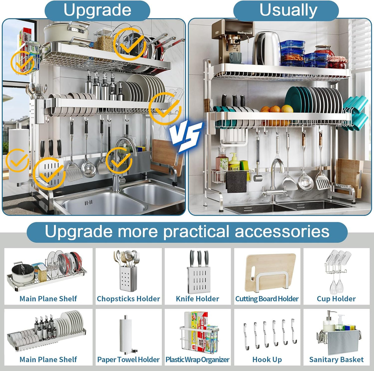Over The Sink Dish Drying Rack,3 Tier Adjustable Length Full Stainless Steel Large Storage Kitchen Dish Rack,for Kitchen Counter Expandable Multifunctional Organizers,Silver (25.98-37.6")