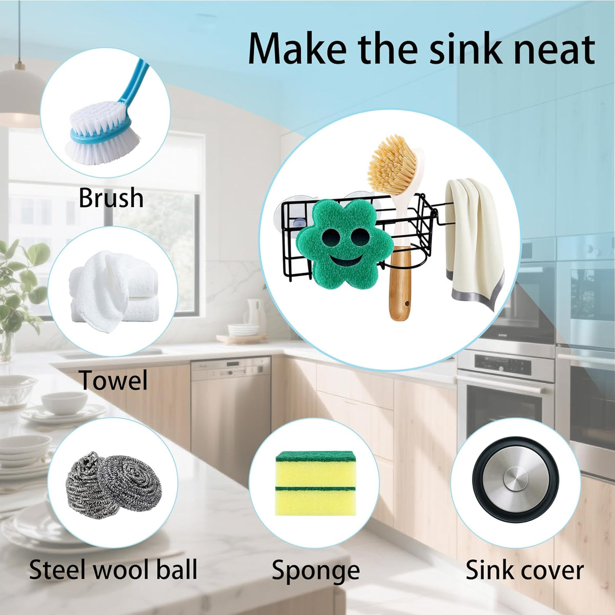 Sponge Holder Smile Face with Dish Cloth Hanger for Kitchen Sink, In-sink Caddy Organizer with Suction Cups & Adhesive Strips, Rustproof Sponge Rack for Soap, Brush, Scrubber - Black