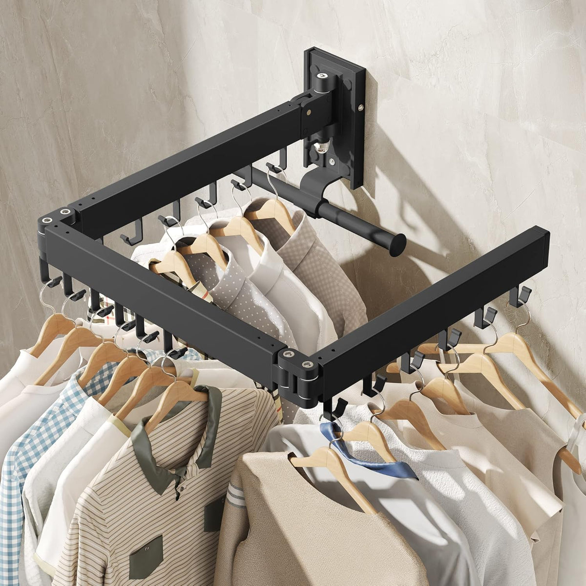 Drying Rack Clothing, Retractable Clothes Drying Rack,Wall Mounted Laundry Rack, Laundry Drying Rack Wall Mount,Collapsible Clothes Rack,can Fold Upward & Left & Right,Black Color