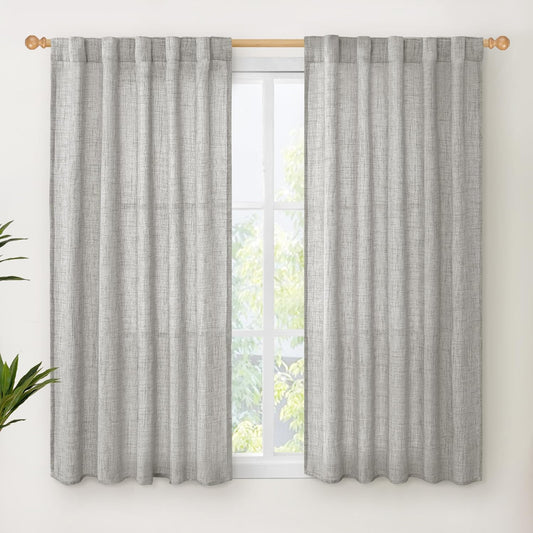 YoungsTex Dark Grey Linen Curtains 45 Inch Length for Short Window, Semi Sheer Drapes with Back Tab Rod Pocket Light Filtering for Kitchen Bathroom Bedroom, 2 Panels, 42 X 45 Inch