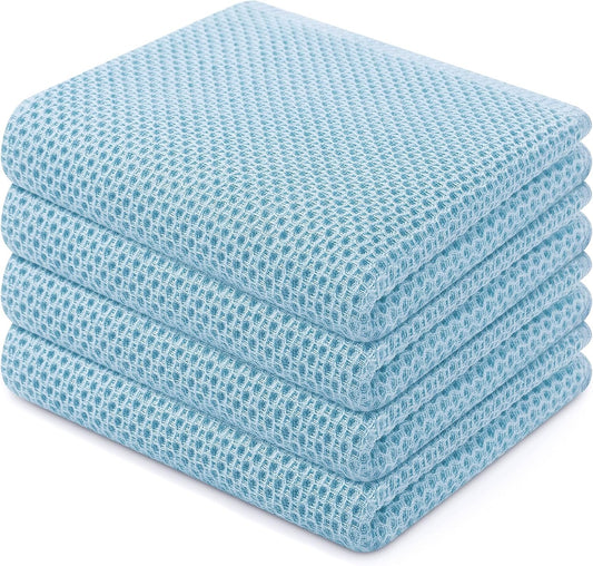 Homaxy 100% Cotton Waffle Weave Kitchen Dish Towels, Ultra Soft Absorbent Quick Drying Cleaning Towel, 13 x 28 Inches, 4-Pack, Sky Blue
