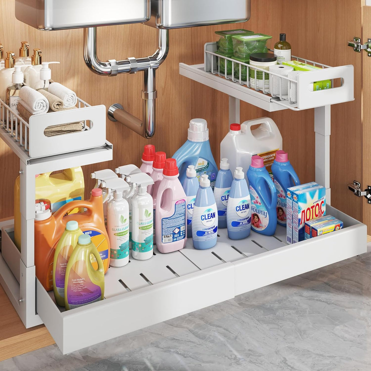 1 Pack-15.7"-25.7"W Expandable Under Sink Organizer With Upgrade Ball-Bearing Slide,2-Tier Pull Out Under Cabinet Organizer Height Adjustable,Not Suitable For Cabinets With Partitions In The Middle