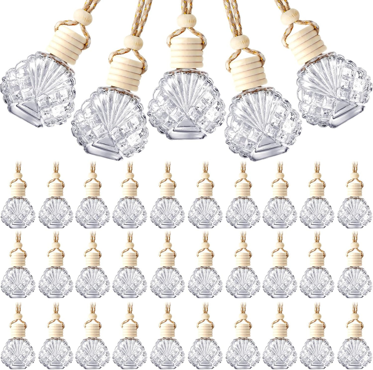 BBTO 50 Pcs Hanging Car Air Freshener Car Diffuser Bottles Empty Glass Perfume Bottle Freshener Diffuser Bottle Pendant for Essential Oil Fragrance Aromatherapy Bottle Ornament(Shell)
