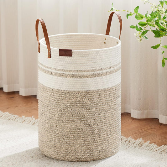 VIPOSCO Tall Laundry Basket, Large Dirty Clothes Hamper with Leather Handle, Woven Rope Storage Basket for Blanket, Toy In Living Room, Bathroom, Bedroom - 72L Brown & White