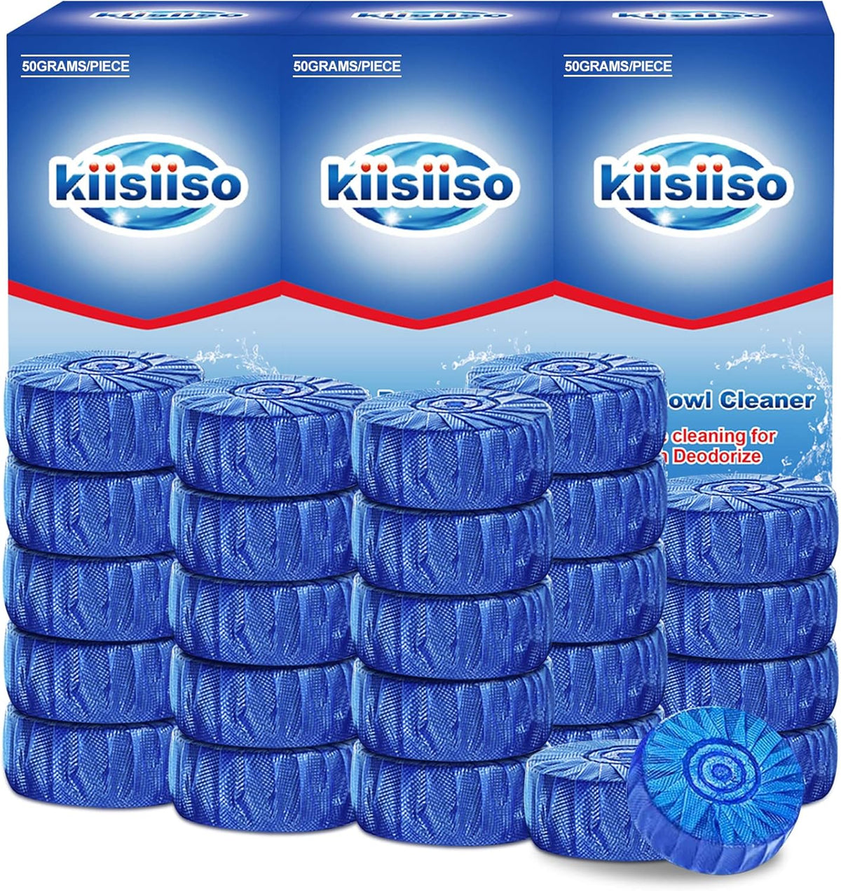 KIISIISO Toilet Bowl Cleaner Tablets, Blue Automatic Toilet Tank Cleaners, Septic-Safe Hard Water Ring Stain Remover, Toilet flush Cleaning & Deodorizer, Fresh Scent - 30 PACK