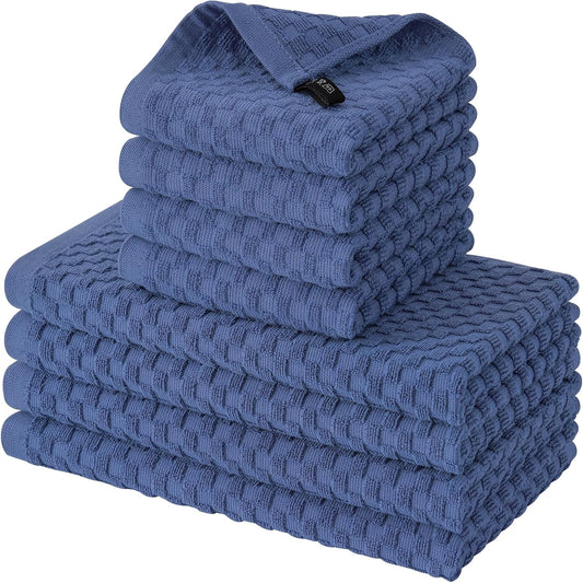 Fintale 100% Cotton Kitchen Towels and Dishcloths Set, 12 x 12 & 15 x 25 Inches, Set of 8 Bulk Super Soft and Absorbent Terry Cloth Dish Towels, Quick Drying Hand Towels with Hanging Loop, Navy Blue