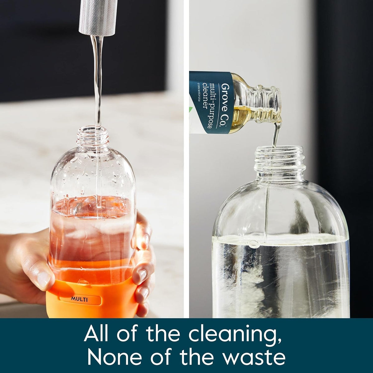 Grove Co. Multi Purpose Cleaner, Refill Concentrate (2 x 1 Oz) + Glass Spray Bottle (16 Oz), Plant-based Household Cleaning Supplies Bundle, No Plastic Waste, 100% Natural Lemon & Eucalyptus Scent