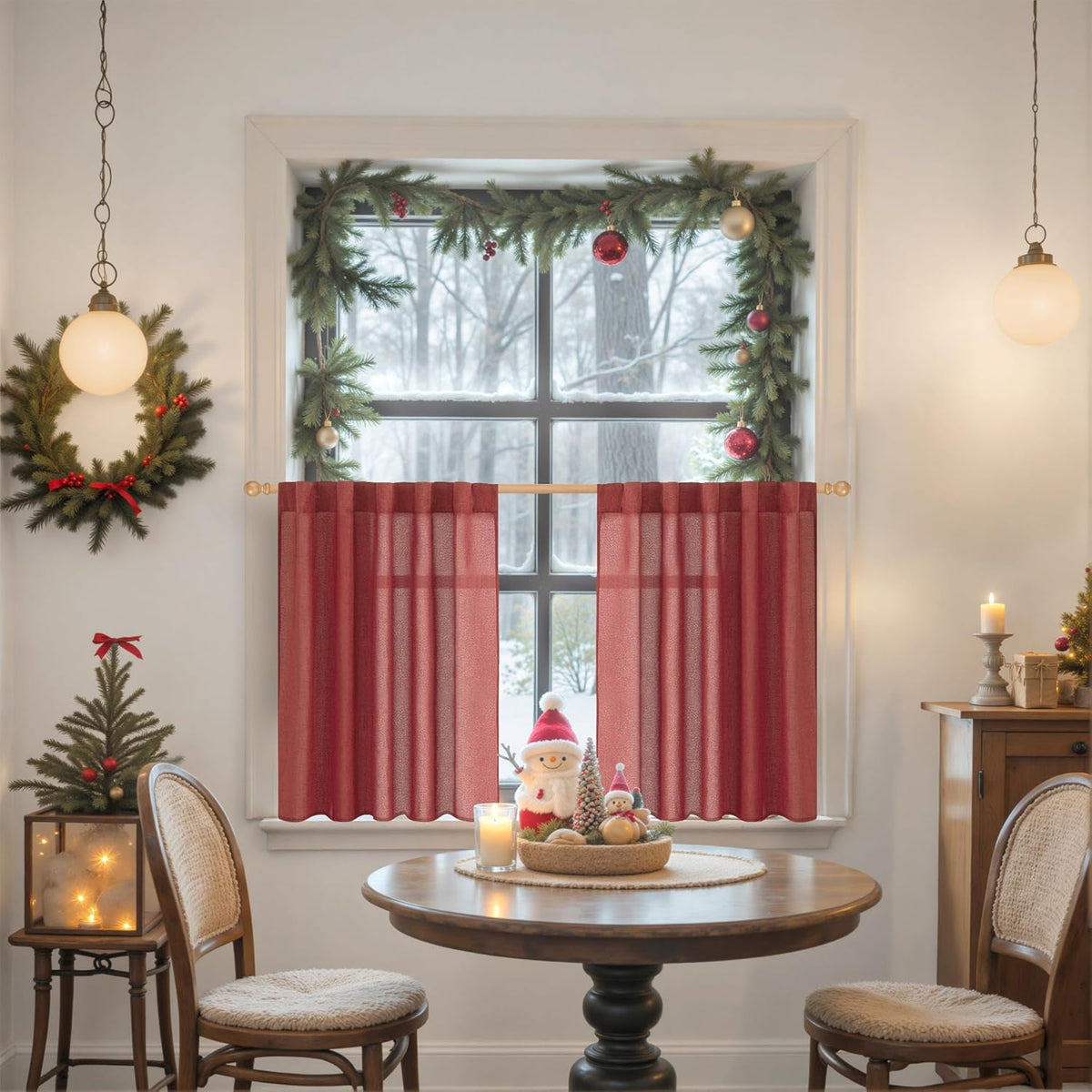 YoungsTex Red Short Linen Curtains 36 Inch Length for Kitchen, Small Window Drapes with Rod Pocket Back Tab Light Filtering Christmas Decor for Bathroom Cafe, 2 Panels, 42 X 36 Inch
