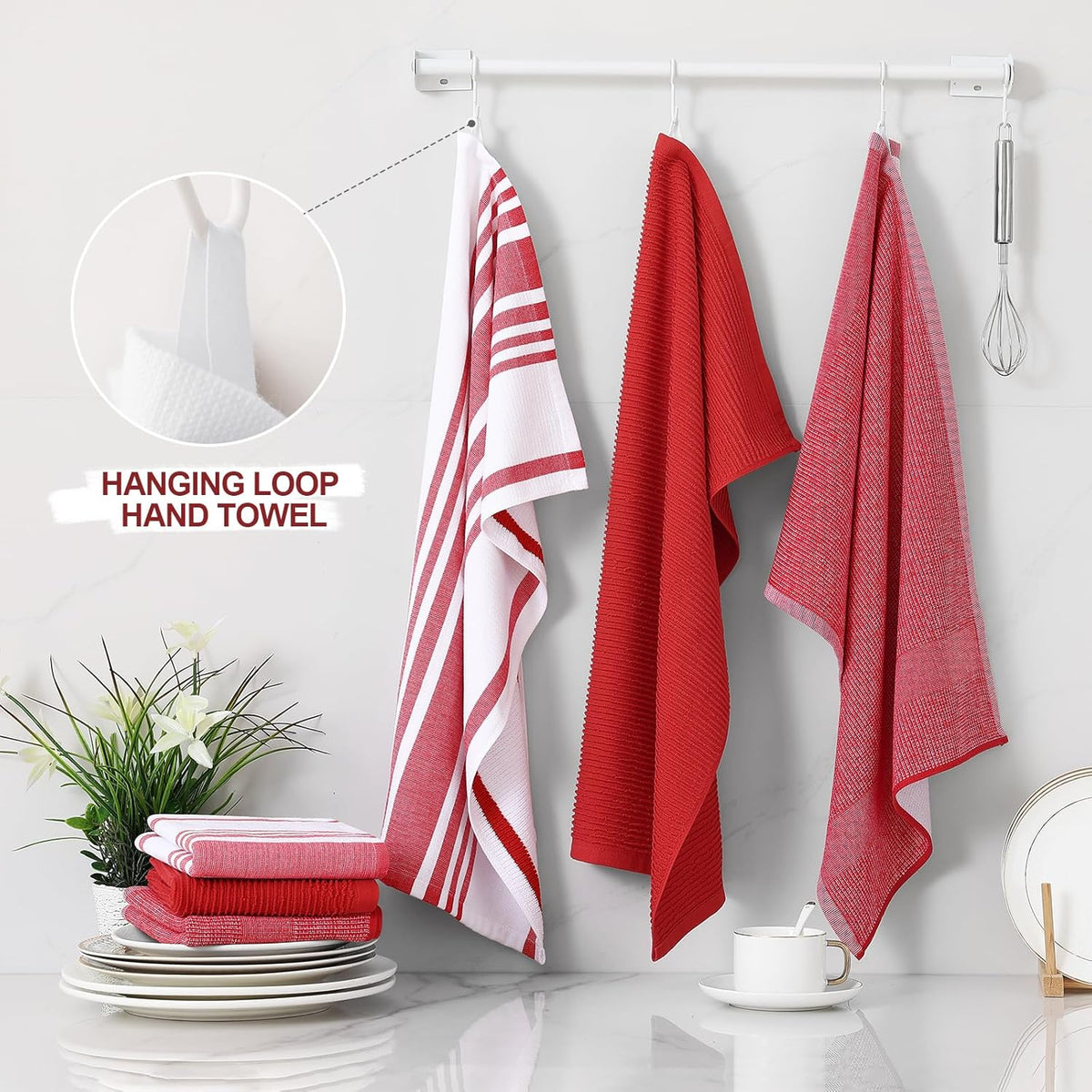 Homaxy Premium Kitchen Towels(18”x 28”, 6 Pack), Large Cotton 380 GSM Kitchen Hand Towels, Soft and Absorbent Terry Dish Towels, Multipurpose Tea Towel Set with Hanging Loop, Red