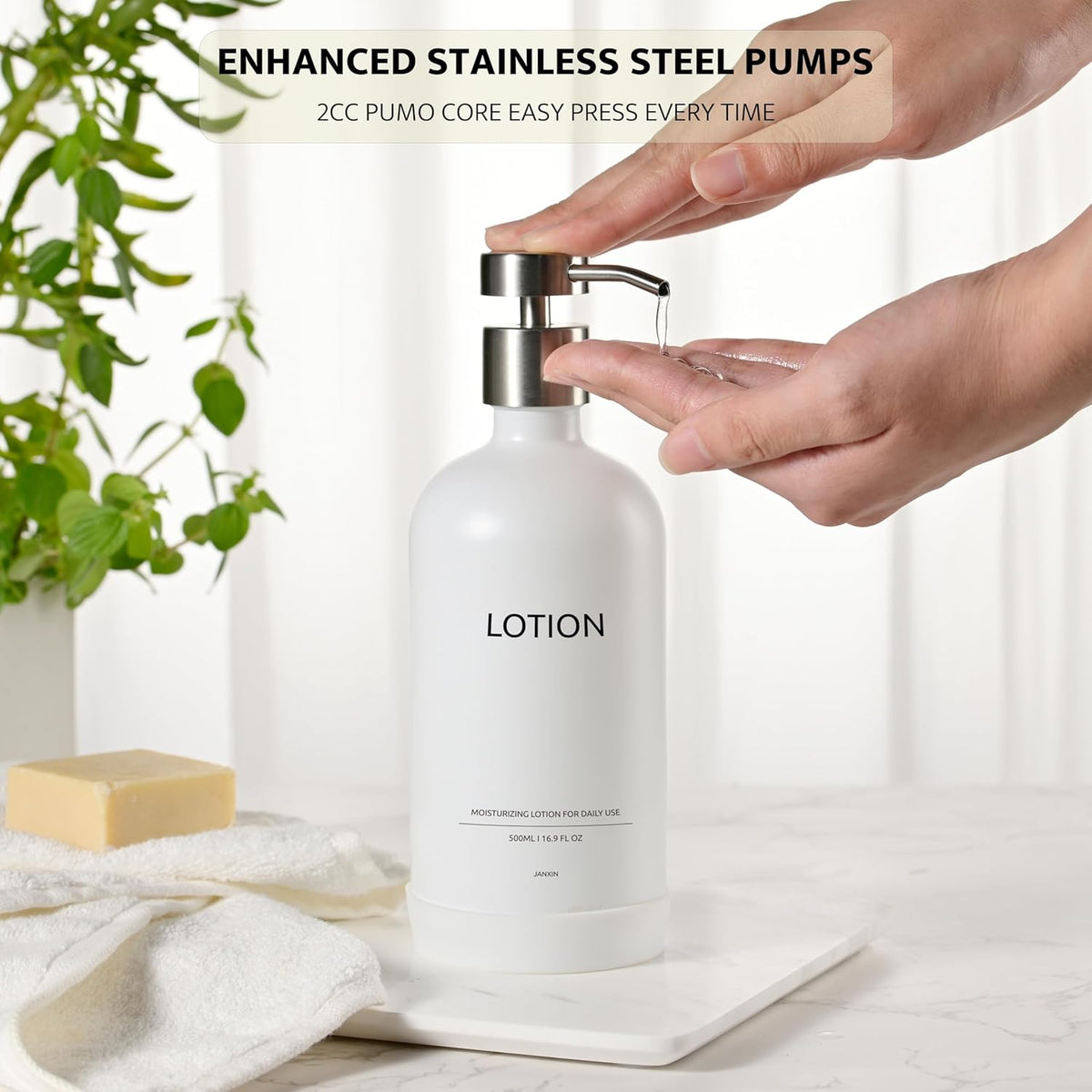 Glass Soap Dispenser Set by Janxin,Bathroom Soap Dispenser Set with Ceramic Tray,Luxury Bathroom Accessories,Modern Kitchen Decor (White+Silver(Lotion))