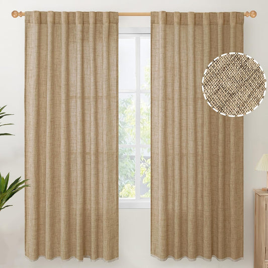 YoungsTex Burlap Linen Semi Sheer Curtains 72 Inch Length for Living Room, Semi Sheer Window Treatments Light Filtering with Rod Pocket Back Tab for Farmhouse Bedroom, Toffee, 2 Panel, 52 X 72 Inch