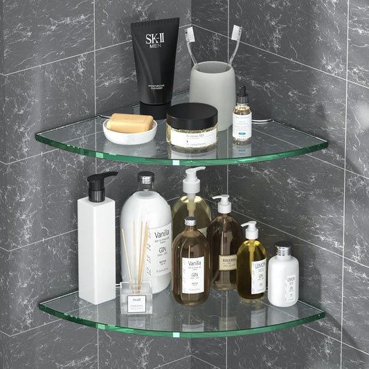 Corner Glass Shower Caddy 2 Pack 8MM-Thick Tempered Glass Shelf No Drilling Wall Mount Corner Mounted Shelves Space Saver Adhesive Bathroom Home Shelf Shampoo Holder Organizer Strong Adhesion