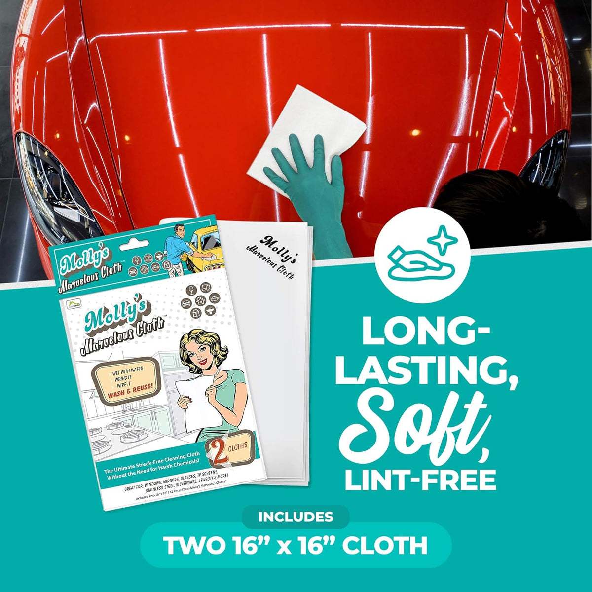 Molly's Marvelous Cloth, Streak-Free, Lint-Free Microfiber Cleaning Cloth, Polishing Cloth for Glass, Stainless Steel, Use for Kitchen, Bath, Cars, Detailing, Reusable(17" by 16") (2pk, White)