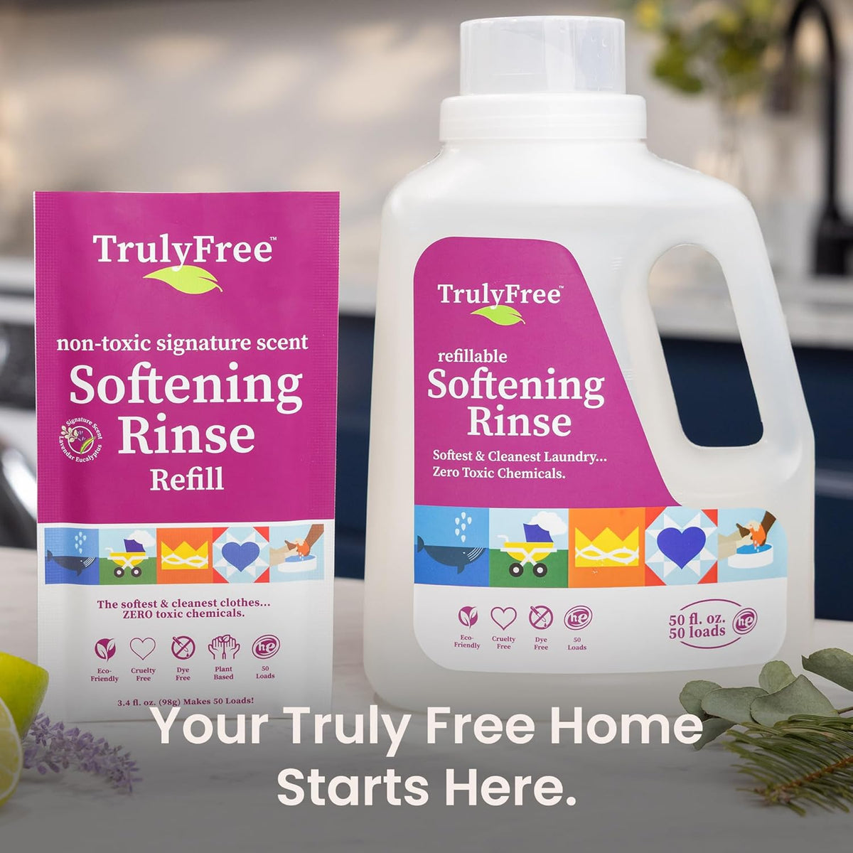 Truly Free Natural Fabric Softener for Sensitive Skin, Baby, Kids | Clean Easy Powder to Liquid Laundry Softener | Lavender Eucalyptus, Septic Safe | 1 Pack Fabric Softner + 1 Refillable Jug, 50 Loads